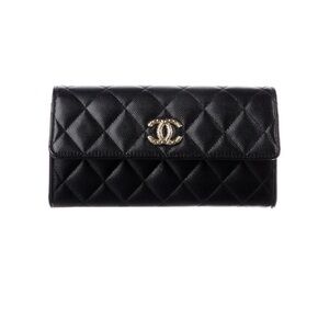 CHANEL Black Quilted Caviar Leather Flap Wallet with Gold CC Logo